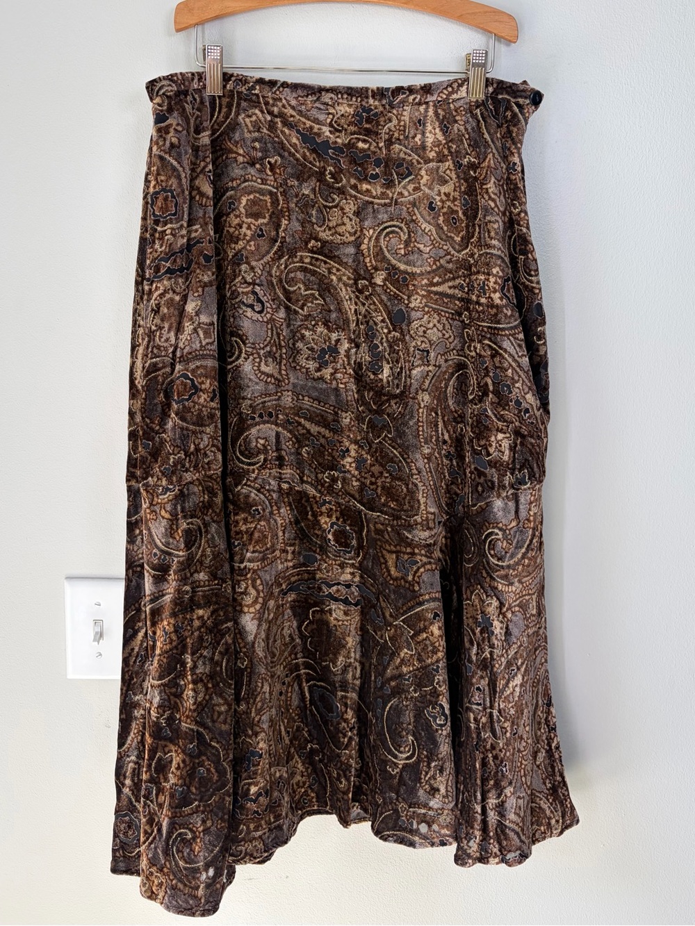Vintage Coldwater Creek Brown Burnout Velvet Paisley Print Midi Skirt Whimsy